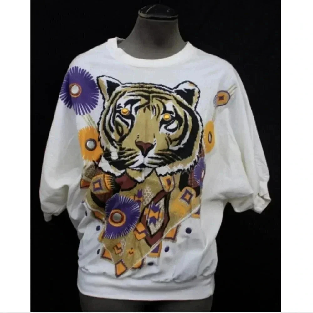 Vtg 1980s 1990s Retro Suzy Phillips Tiger Jungle W/ Shoulder Pads T-Shirt Blouse